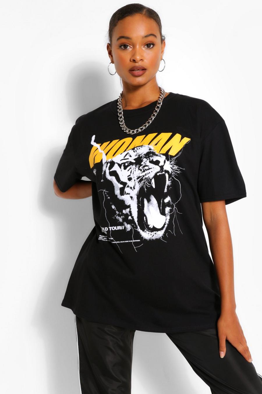 Black "Woman" Oversize t-shirt med tigermotiv image number 1