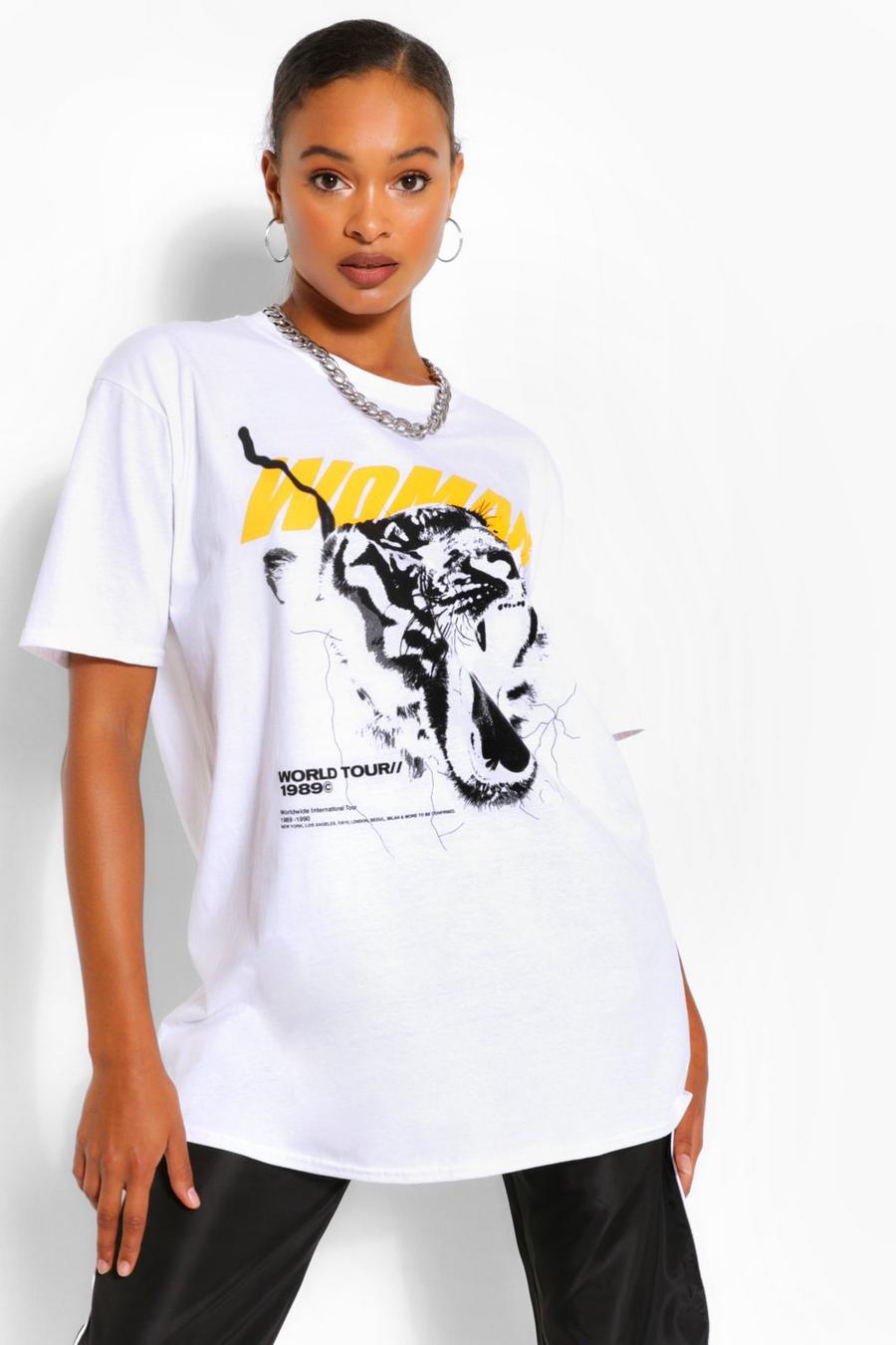 T-Shirt in Übergröße mit Woman-Tiger-Print, Weiß image number 1