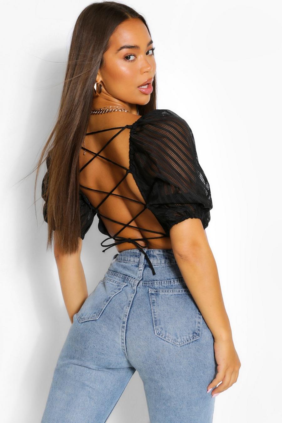 Black Check Puff Sleeve Open Back Crop Top image number 1