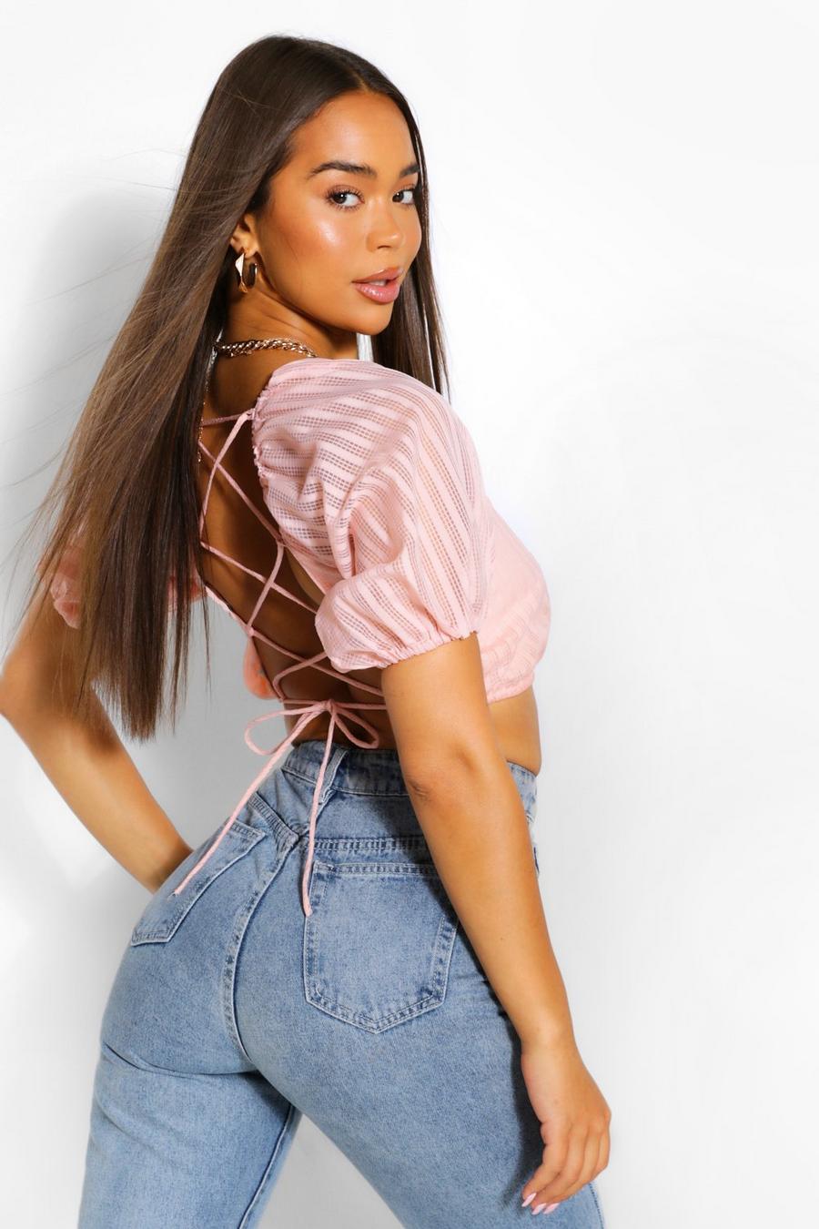 Blush Check Puff Sleeve Open Back Crop Top image number 1