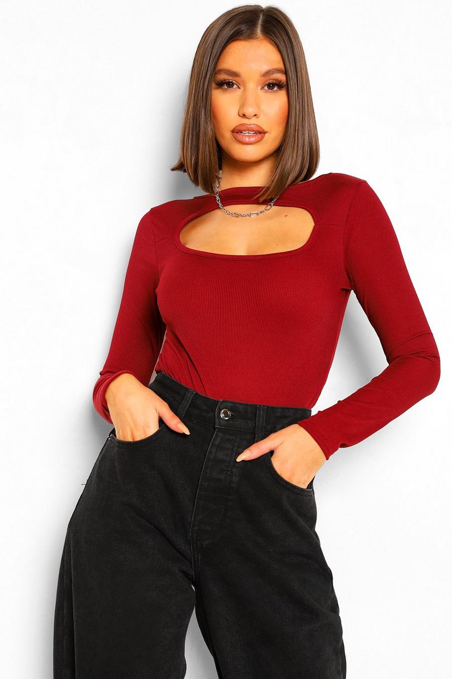 Berry Cut Out Detail Rib Long Sleeve Bodysuit image number 1