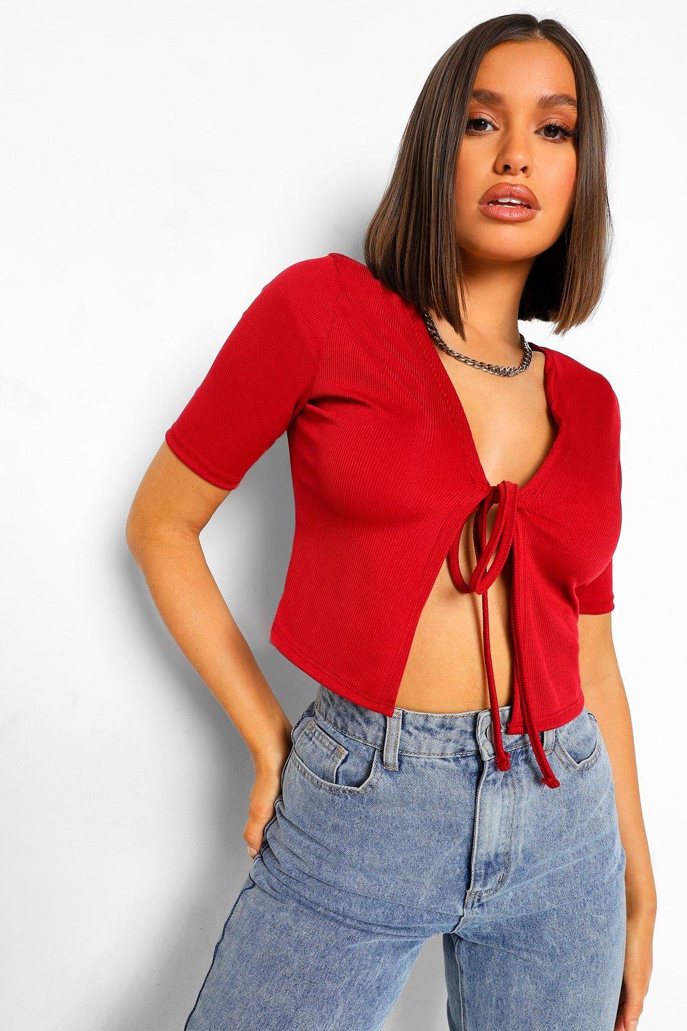 Red Tie Front Rib Short Sleeve Cardigan boohoo UK