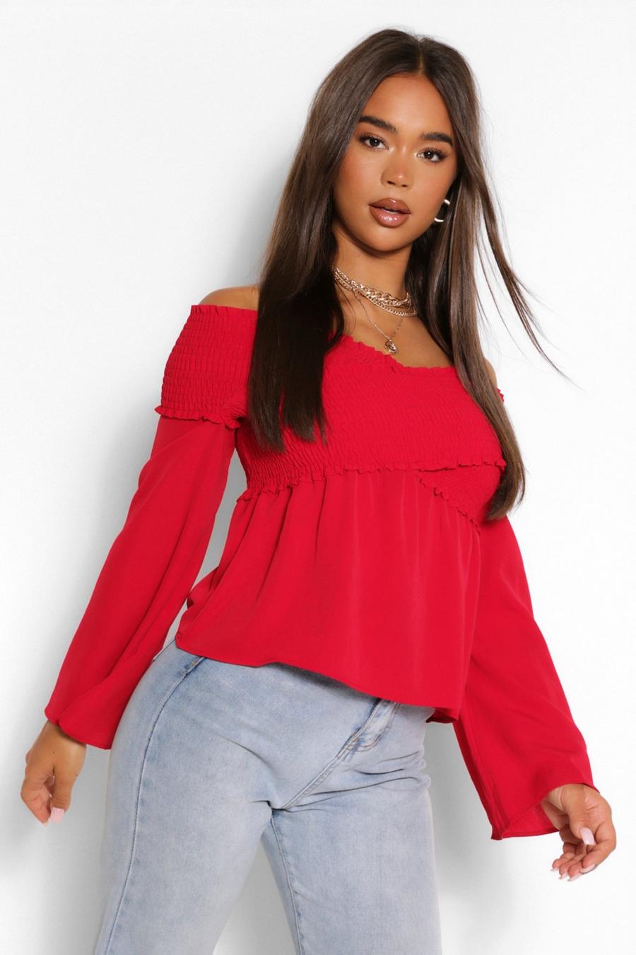 Raspberry Woven off the shoulder shirred top image number 1
