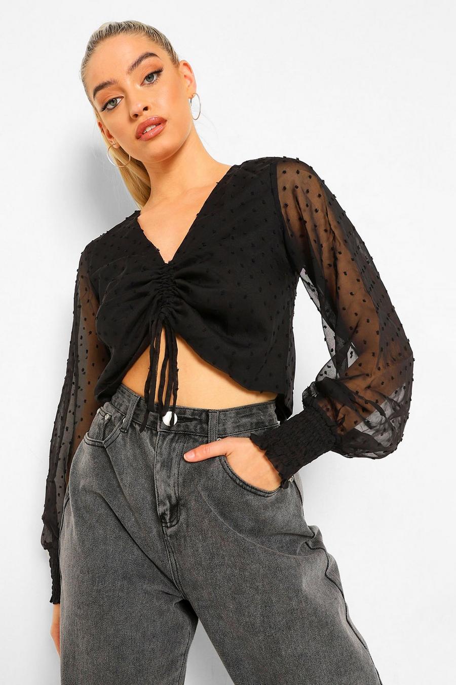 Black Woven dobby ruched blouse image number 1