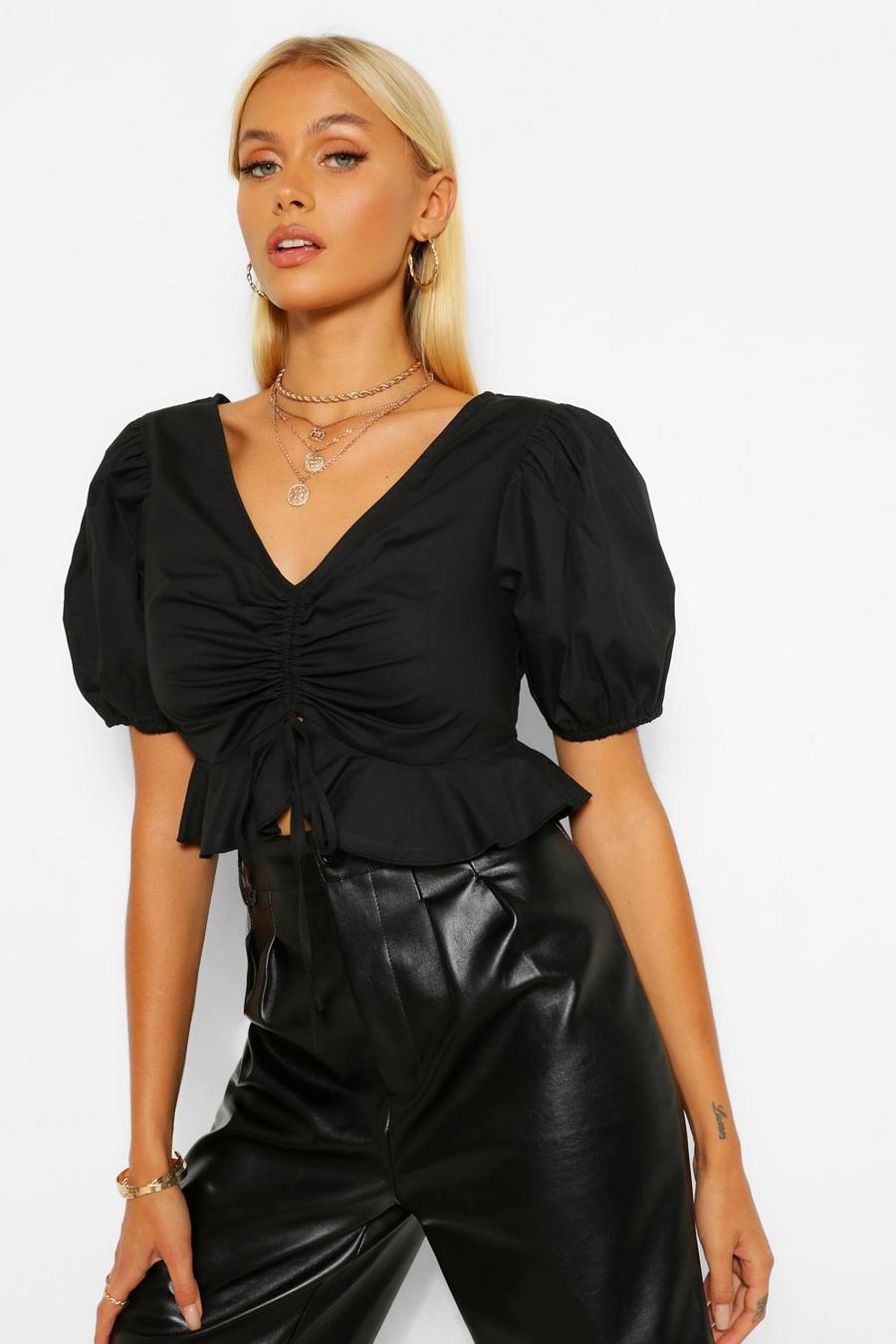 Black Woven puff sleeve ruched crop top image number 1