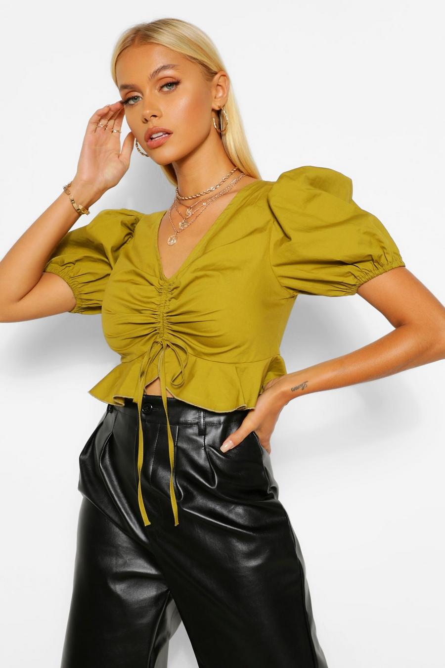 Khaki Woven puff sleeve ruched crop top image number 1
