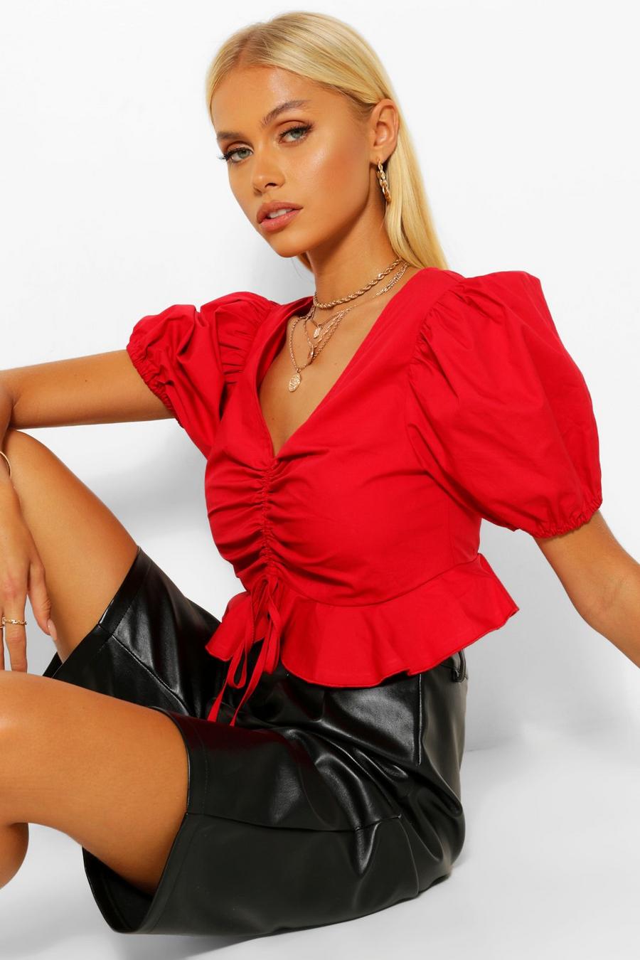 Red Woven puff sleeve ruched crop top image number 1
