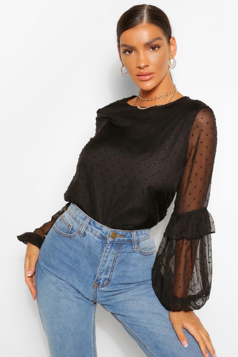 Black Woven dobby ruffle sleeve top image number 1