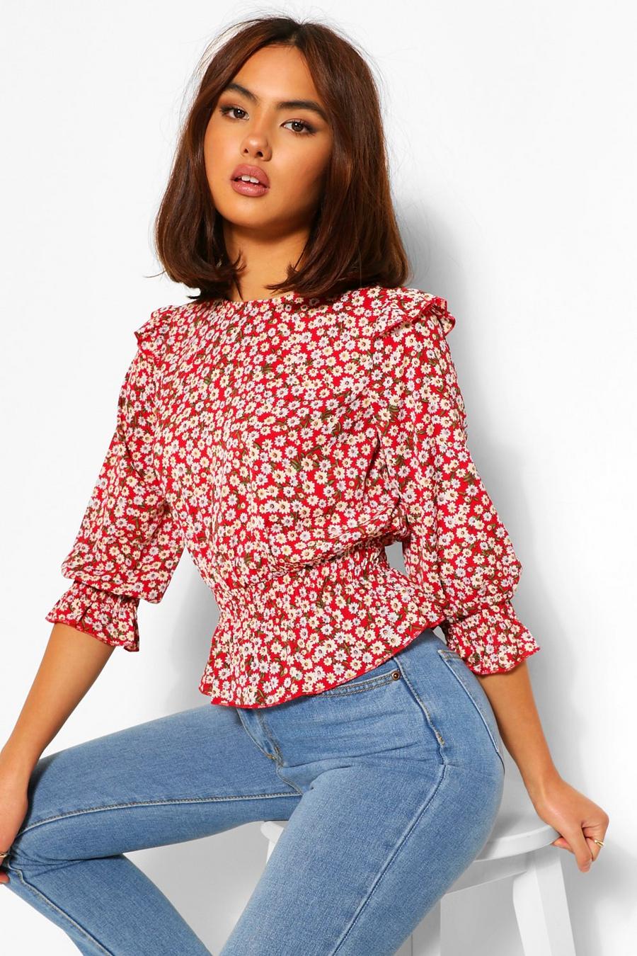Red Woven floral ruffle blouse image number 1