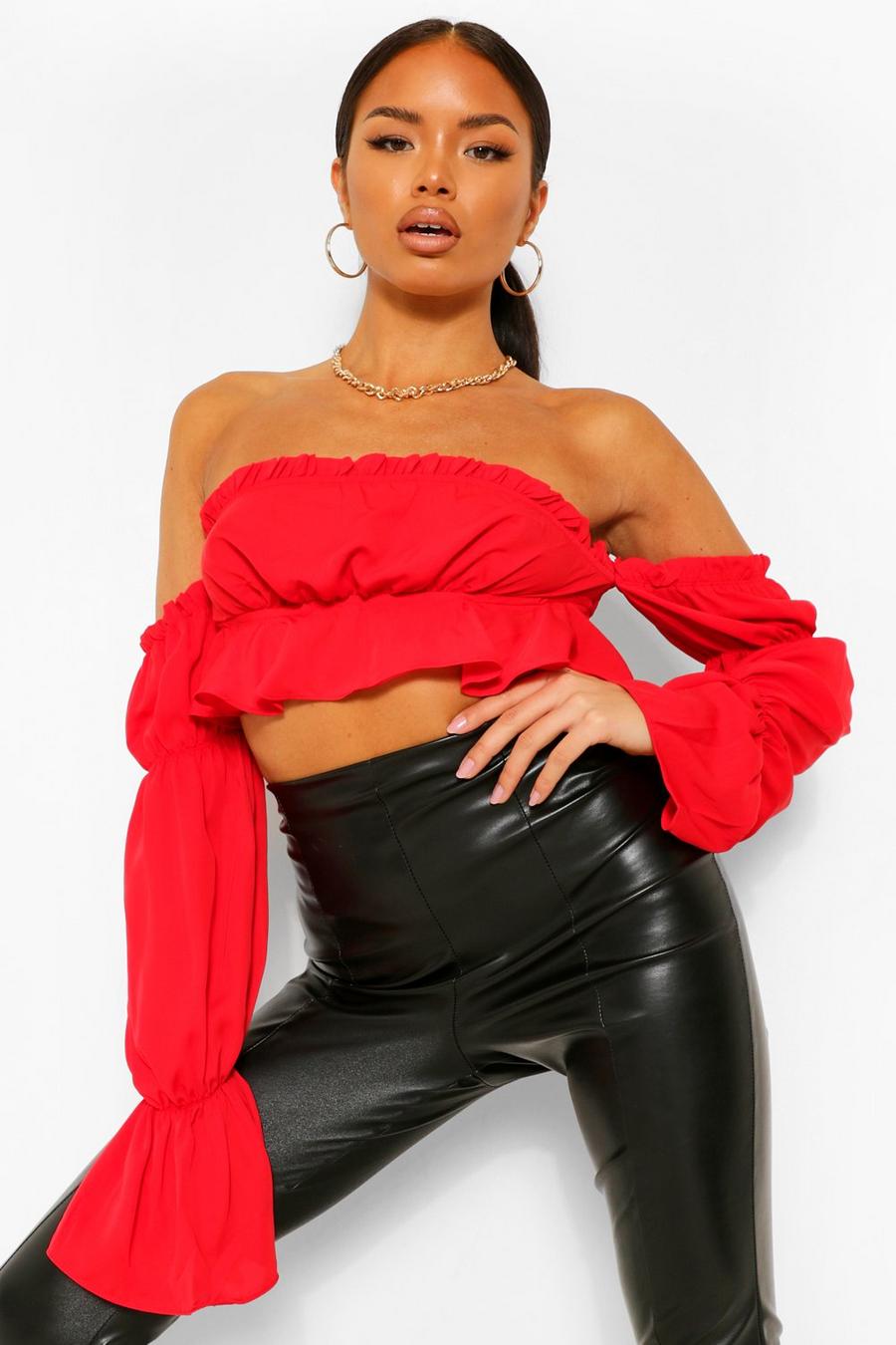 Red Woven ruffle off the sholder crop top image number 1