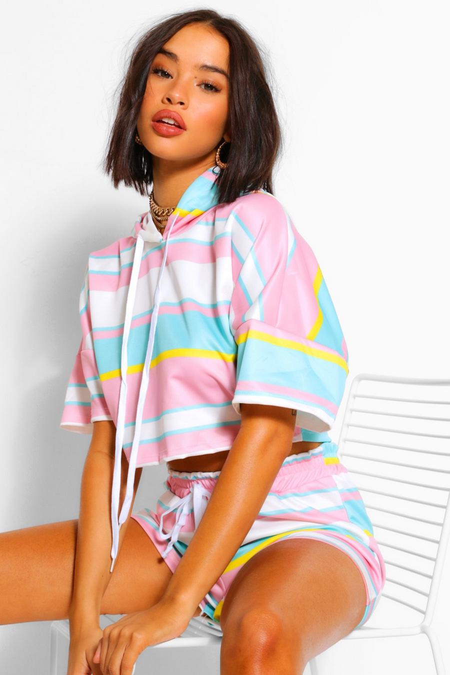 Striped Cropped Hoodie & Shorts Set image number 1