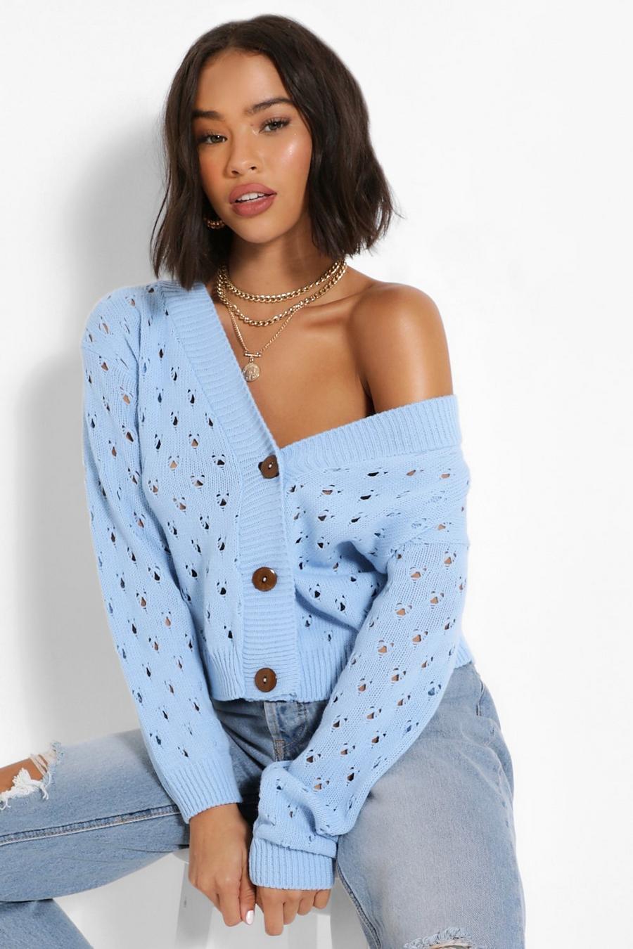 Blue Pointelle Cropped Cardigan