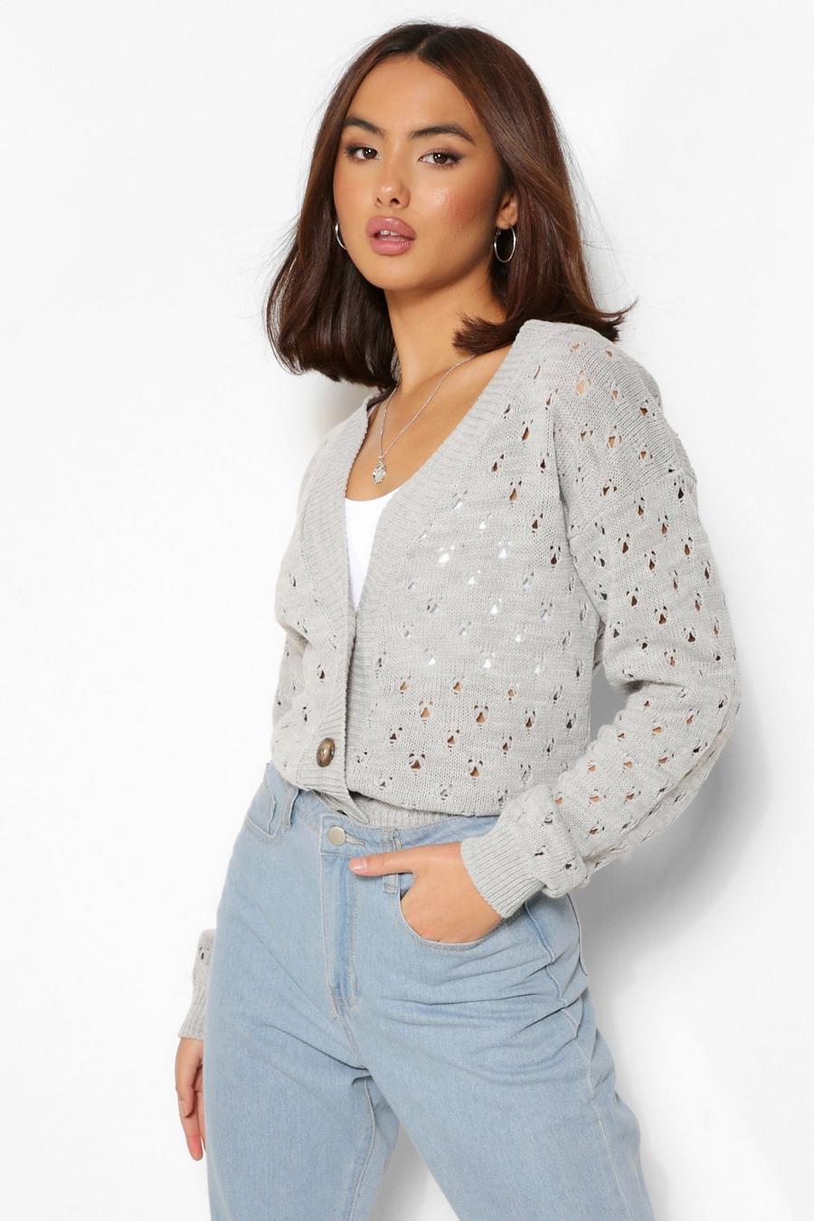 Grey Pointelle Cropped Cardigan image number 1