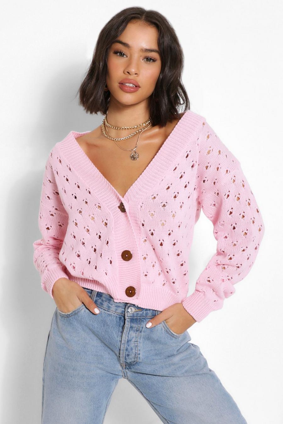 Pink Pointelle Cropped Cardigan image number 1