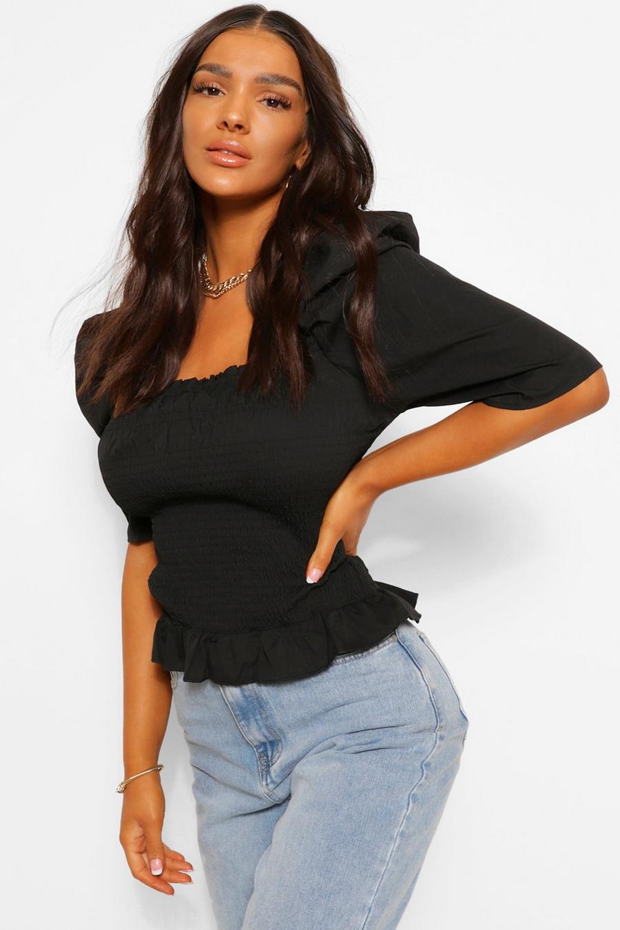 Black Woven Puff Sleeve Shirred Blouse image number 1