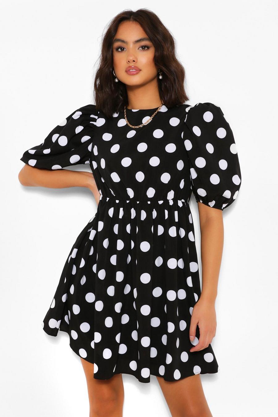 Black Polka Dot Puff Sleeve Smock Dress image number 1
