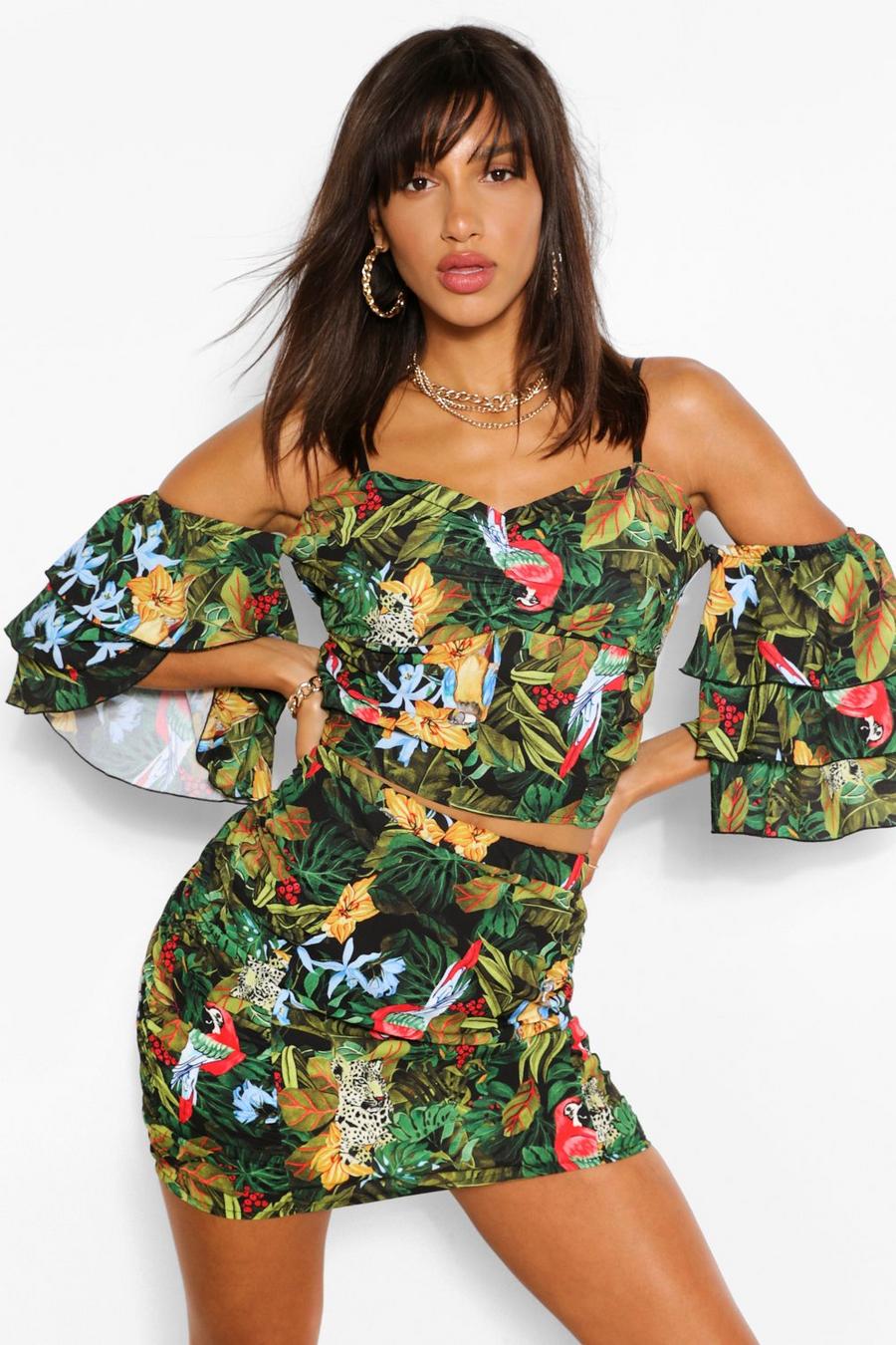 Jungle Print Off The Shoulder Ruffle Crop Top image number 1