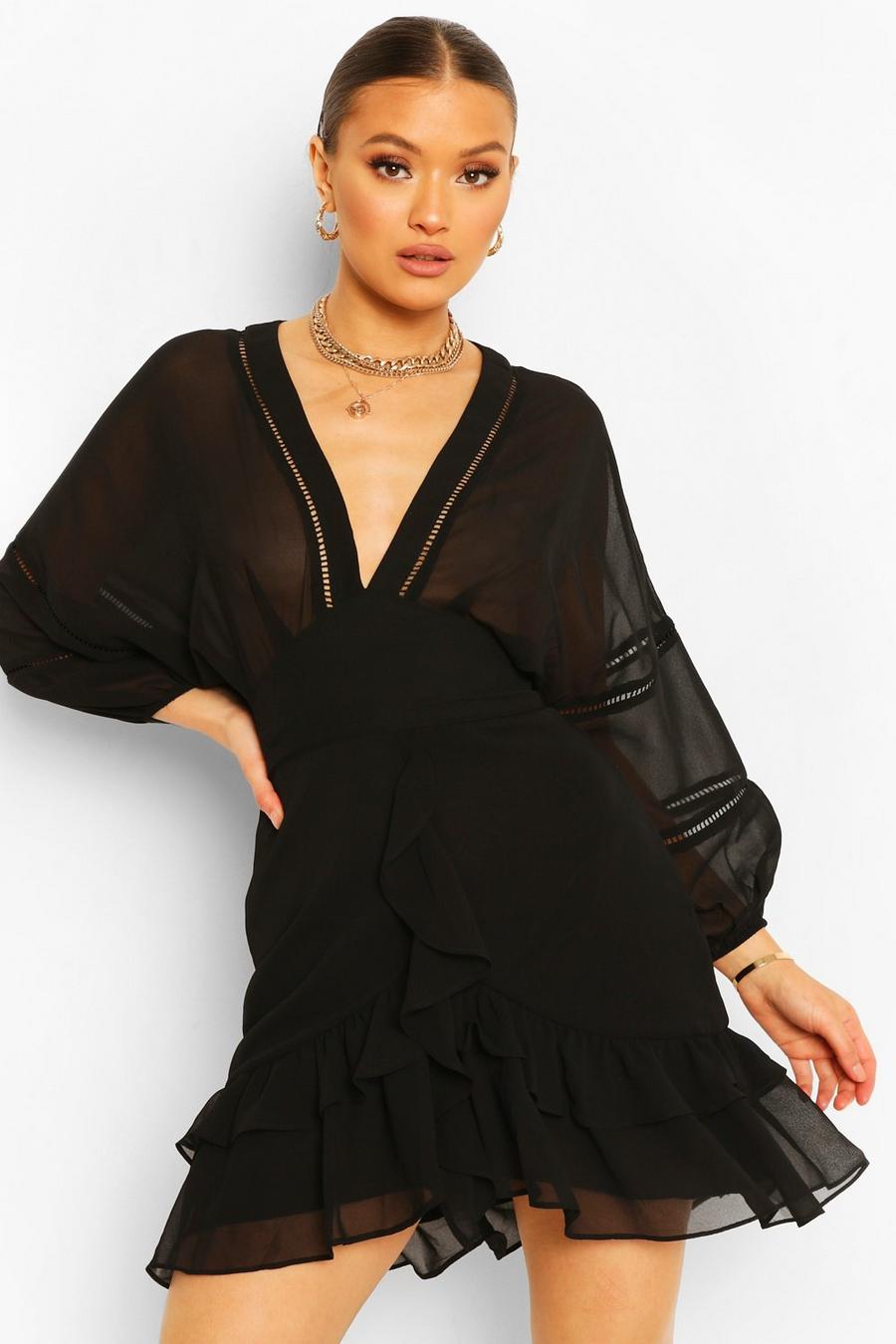 שחור שמלת סקייטר מבד שיפון עם מלמלה image number 1