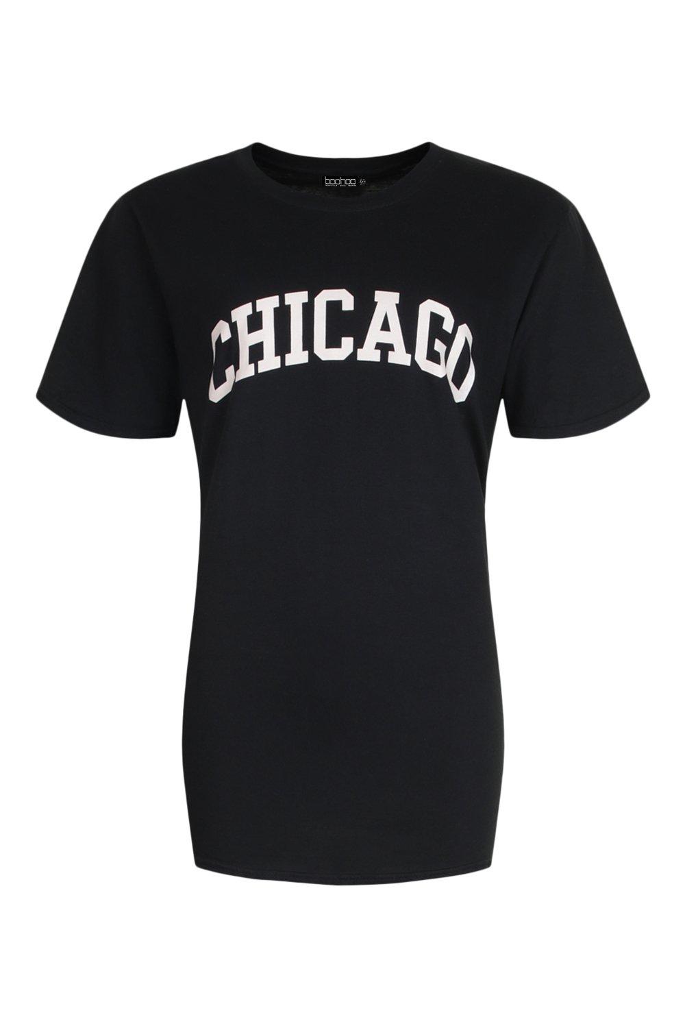 Black Chicago Print Oversized T Shirt, Tops