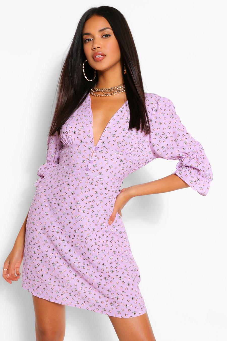 Lilac Floral Print Puff Sleeve A Line Mini Dress image number 1