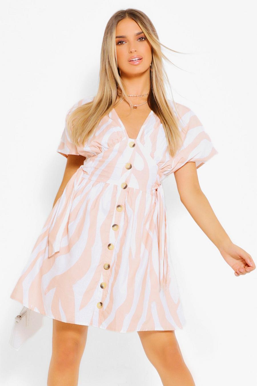 Soft pink Randig skaterklänning med knappar image number 1