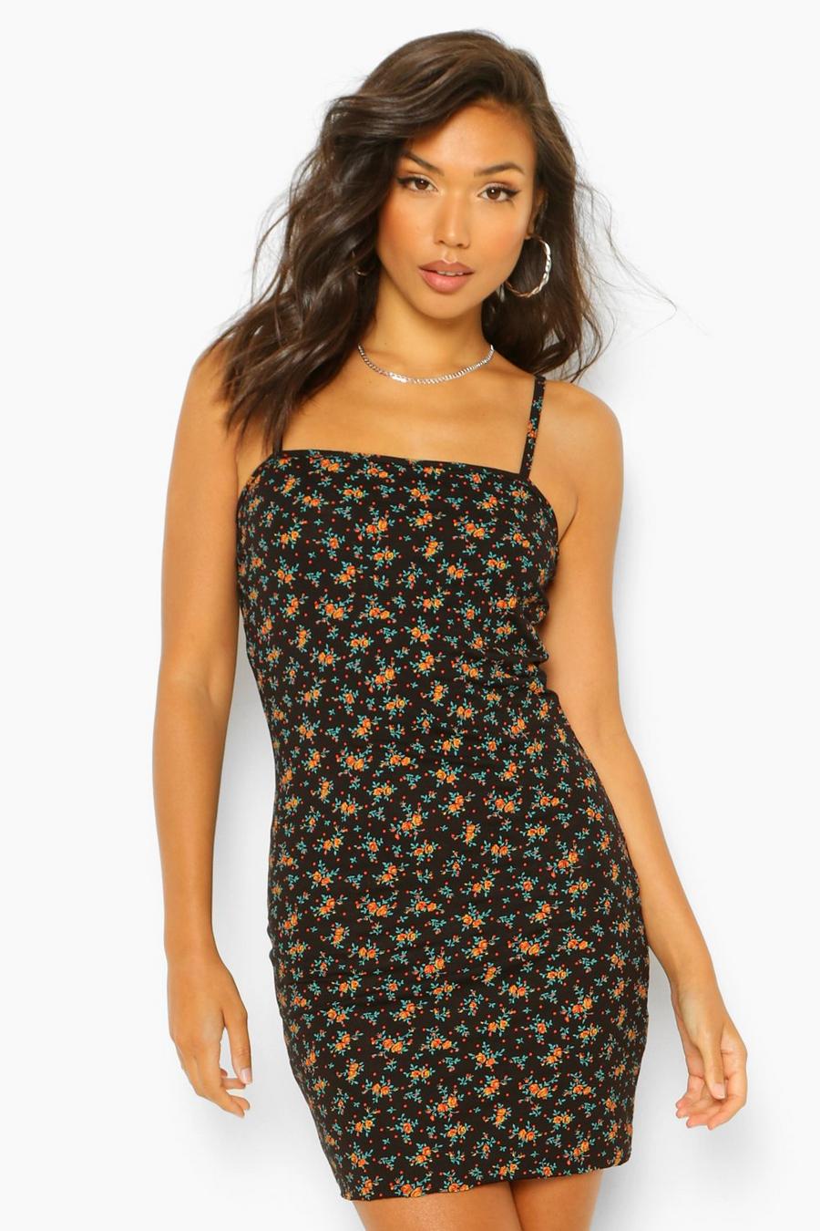 Black Ditsy Floral Strappy Mini Bodycon Dress image number 1