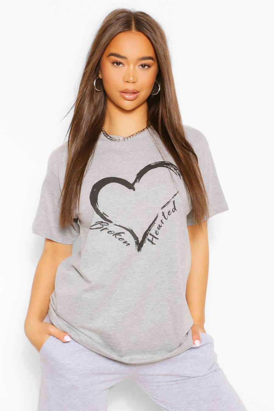Grey "Broken Hearted" T-shirt med grafiskt tryck image number 1