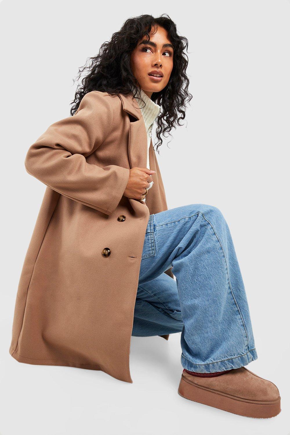 Boohoo double breasted coat in camel sale