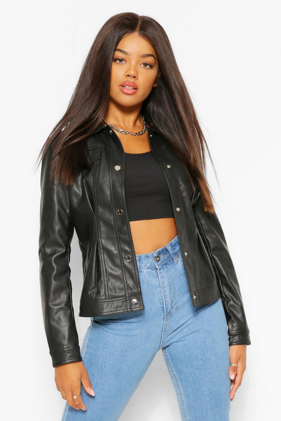 Black Fitted Collared Faux Leather Jacket image number 1