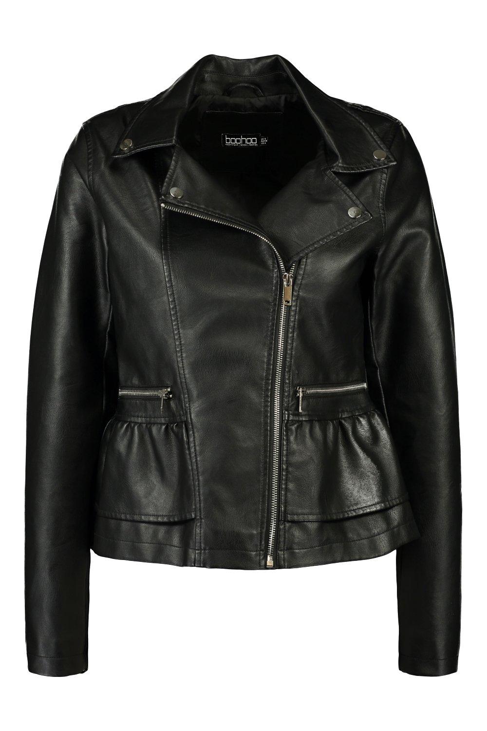 Peplum Frill Detail Faux Leather Biker Jacket