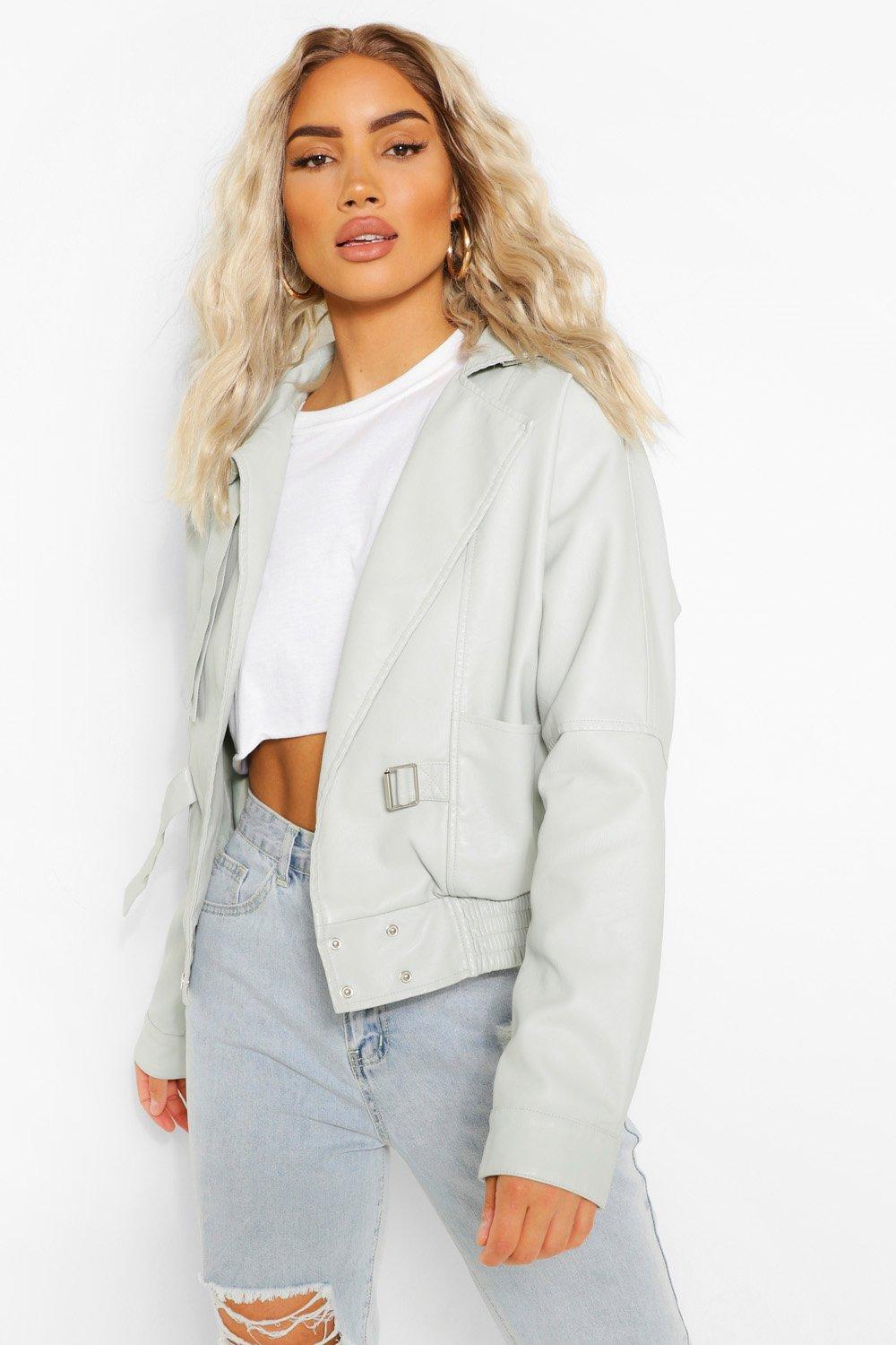 boohoo Womens Petite Faux Leather Oversized Moto Jacket - White 6