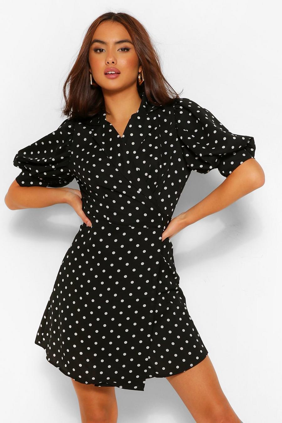 Black Polka Dot Puff Shoulder Wrap Dress image number 1