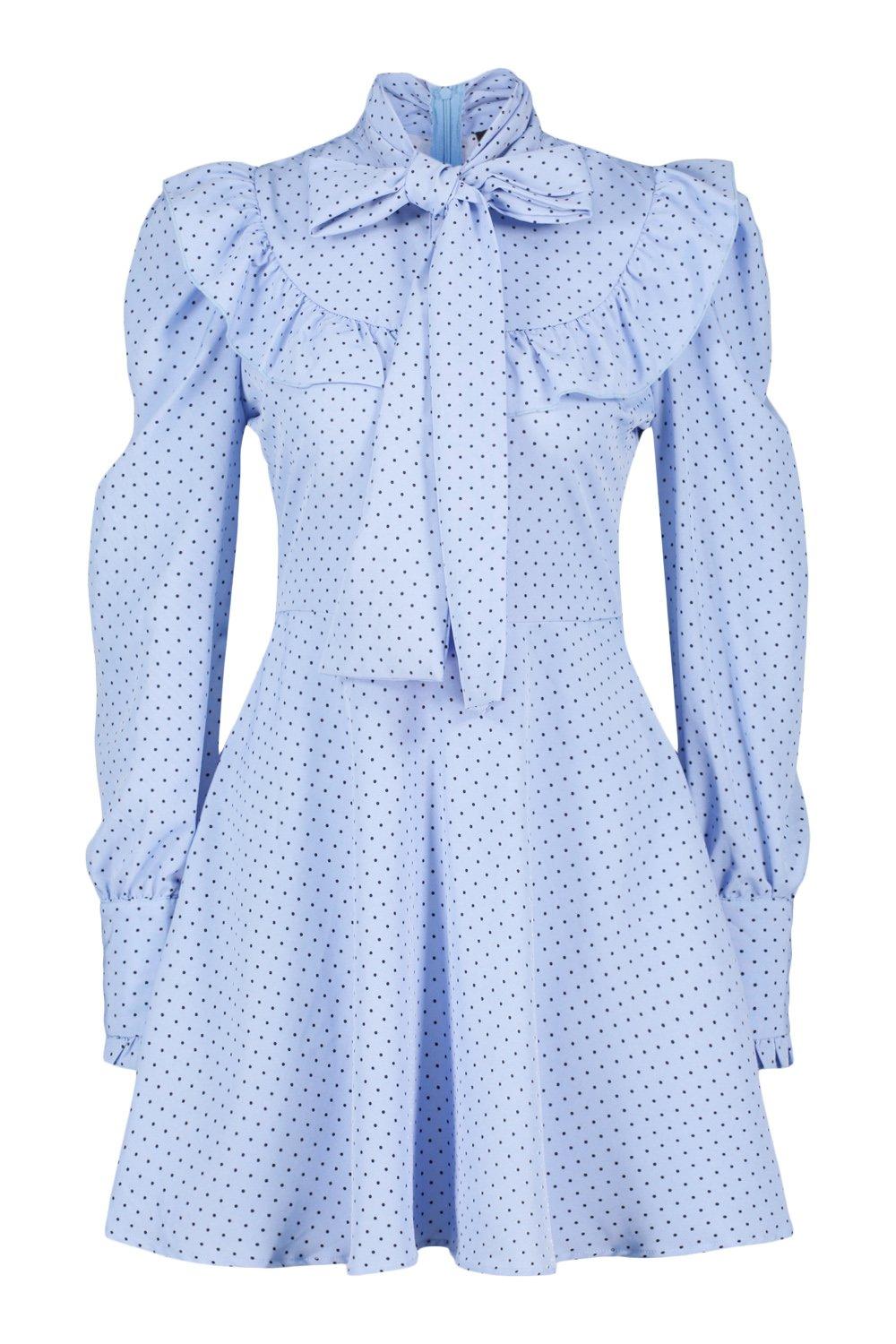 Polka Dot Ruffle Detail Long Sleeve Skater Dress boohoo