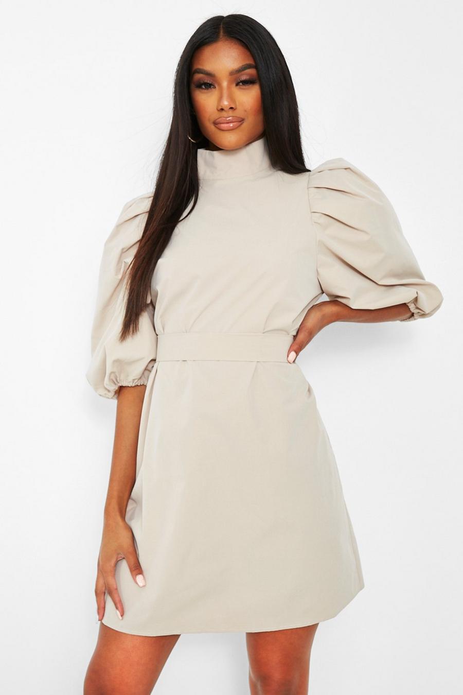 Stone High Neck Puff Sleeve Belted Shift Dress image number 1