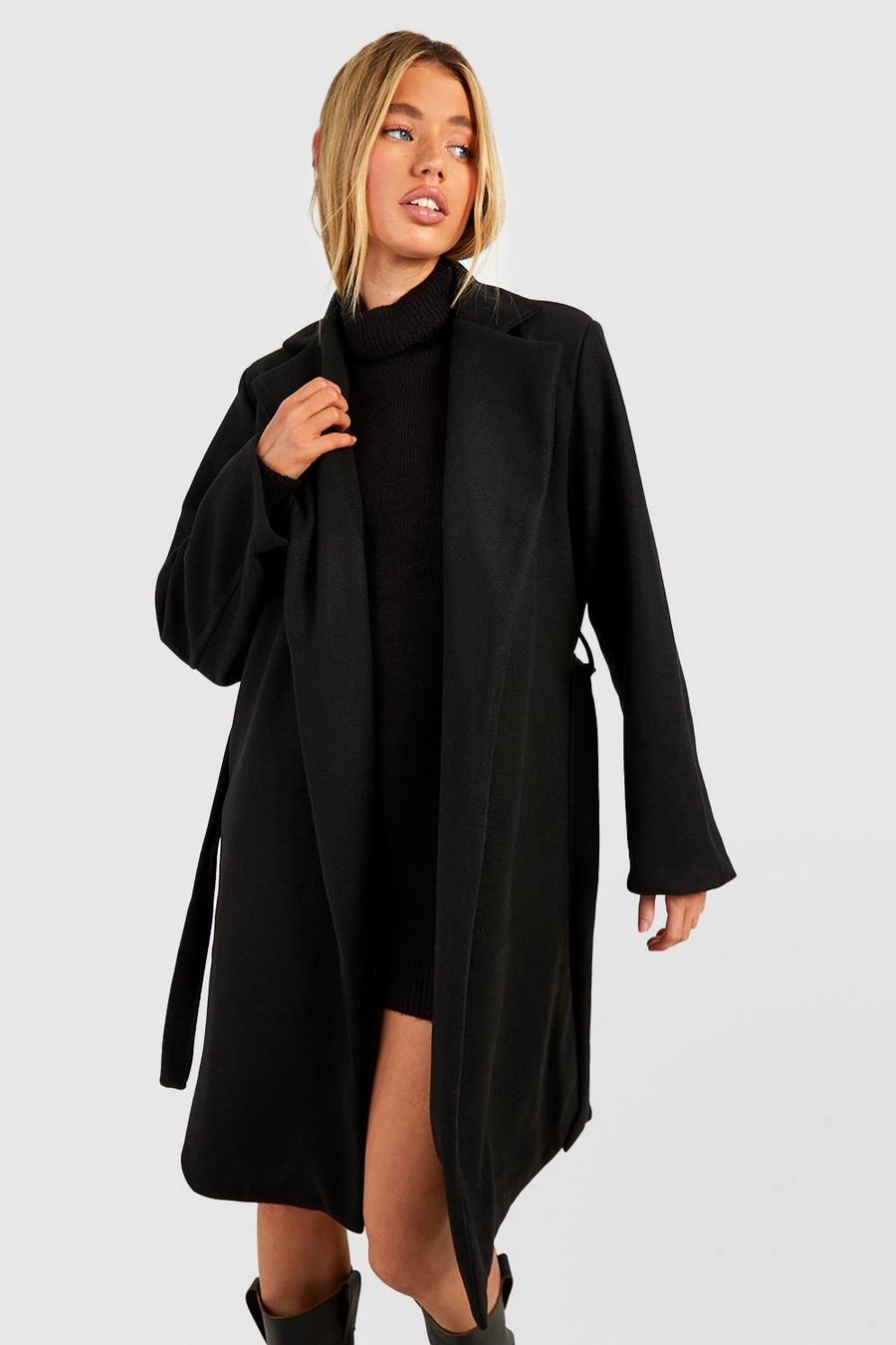 Black schwarz Belted Wool Look Coat