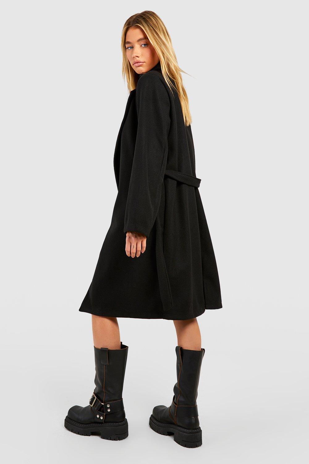 Boohoo belted wool look trench coat in black best sale