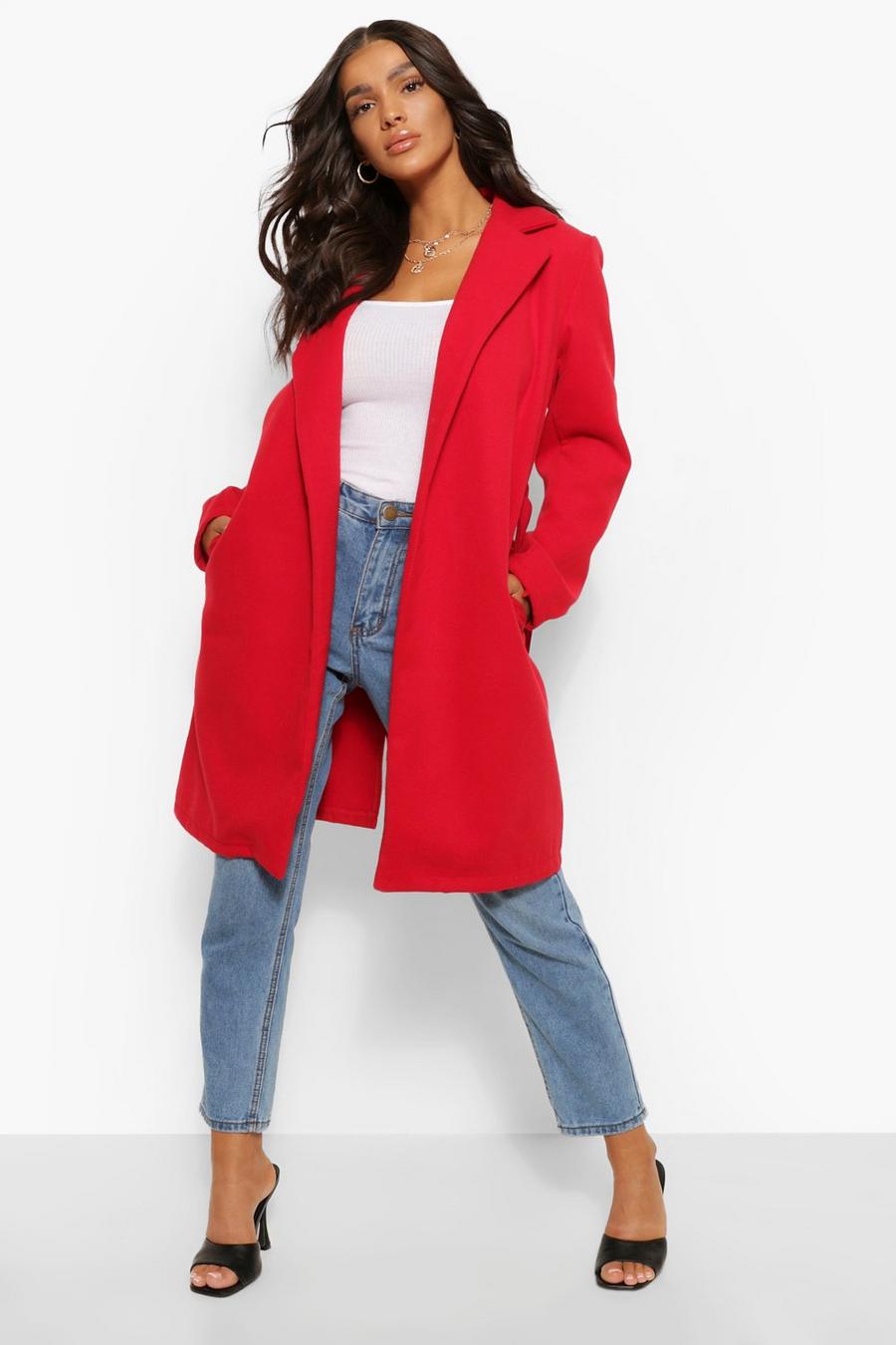 Red Belted Wool Look Coat image number 1