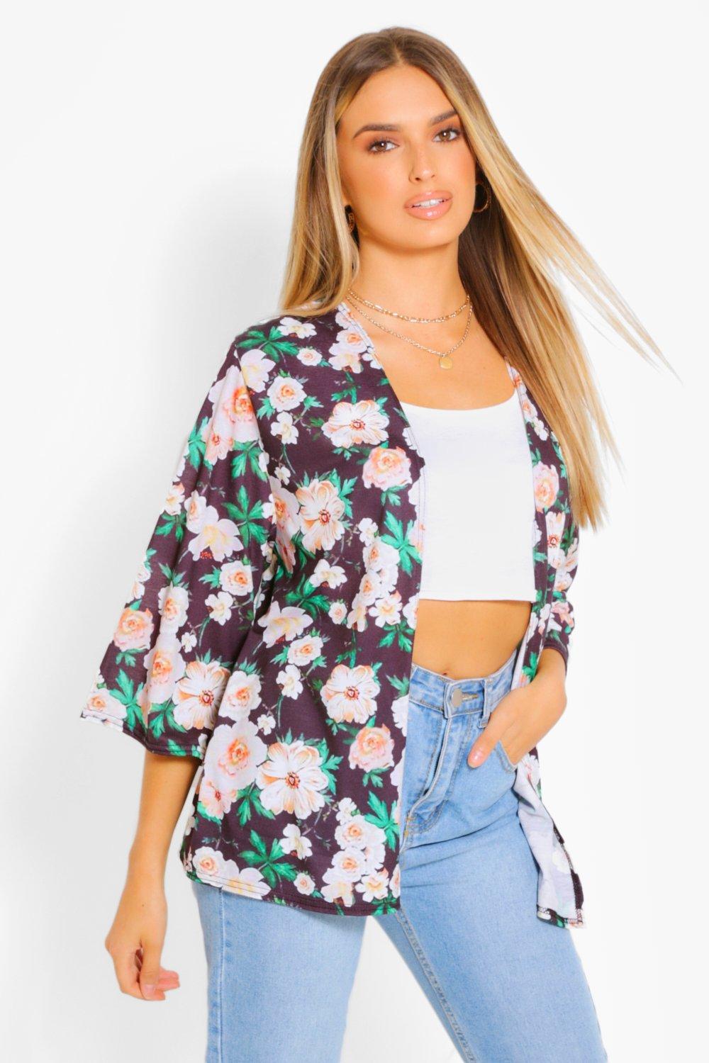 black floral print kimono