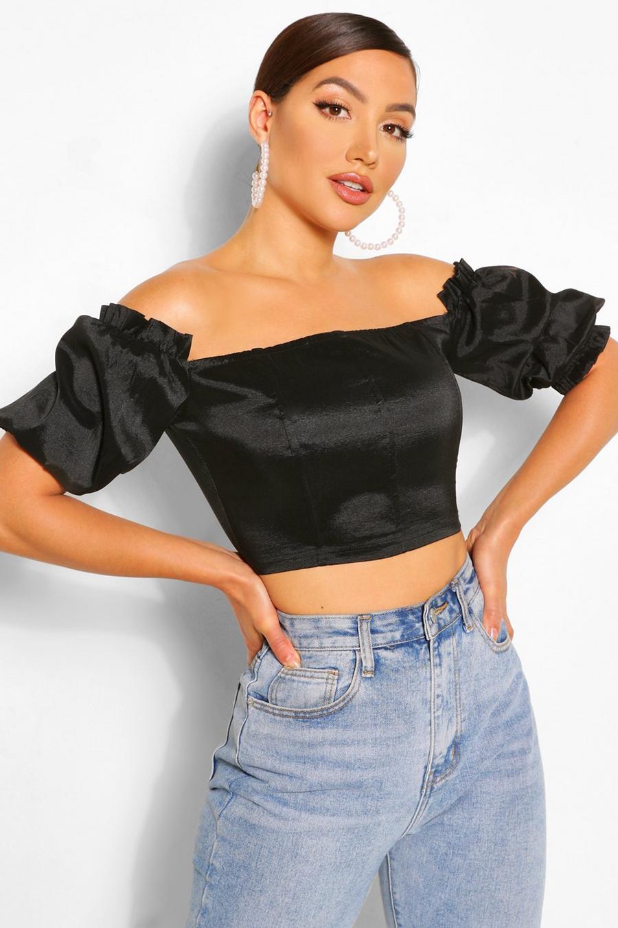 TAFFETA STATEMENT SLEEVE CORSET CROP TOP image number 1