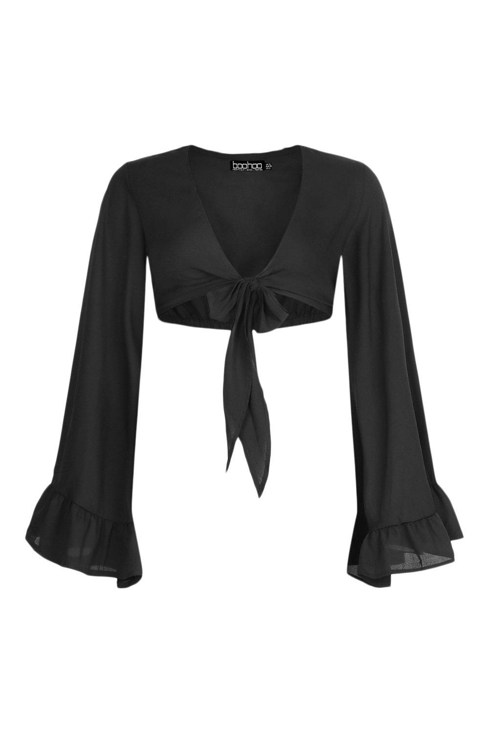 Windsor Woven Tie Front Bell Sleeve Crop Top