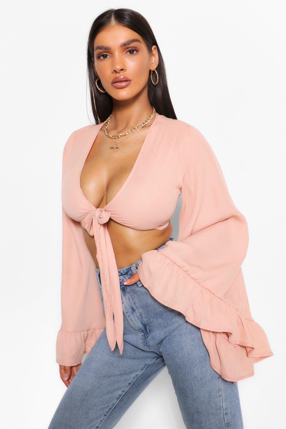 Woven tie front flared sleeve crop top