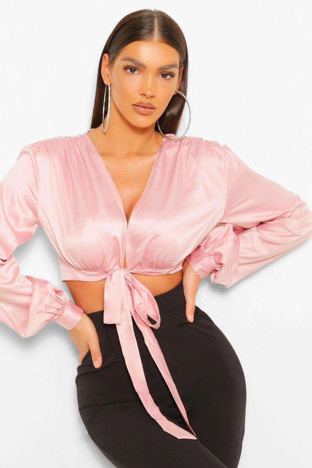 Satin tie cheap front crop top