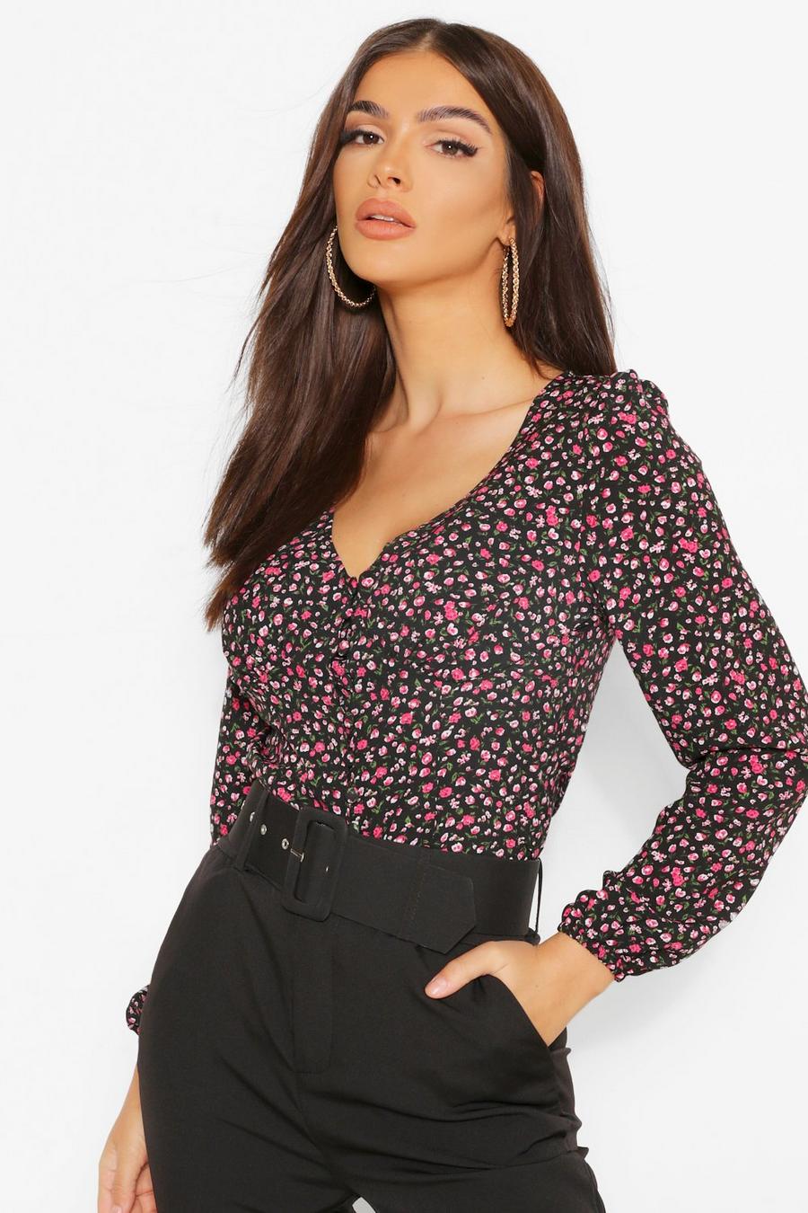 Blusa tejida con botones y estampado floral, Negro image number 1