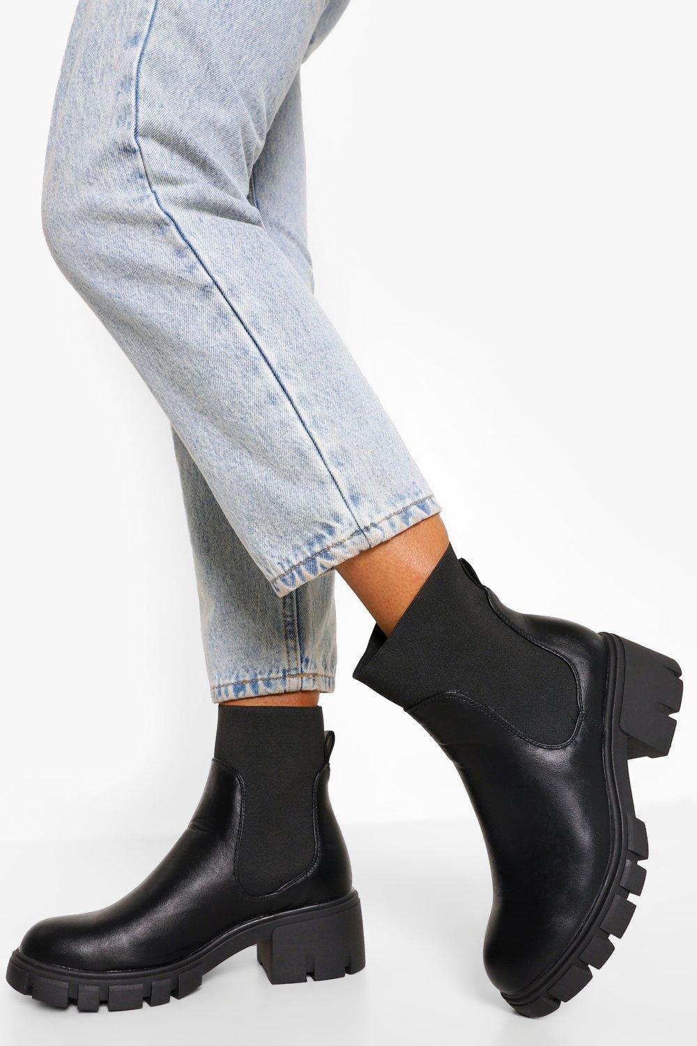 chunky cleated heel chelsea boots boohoo