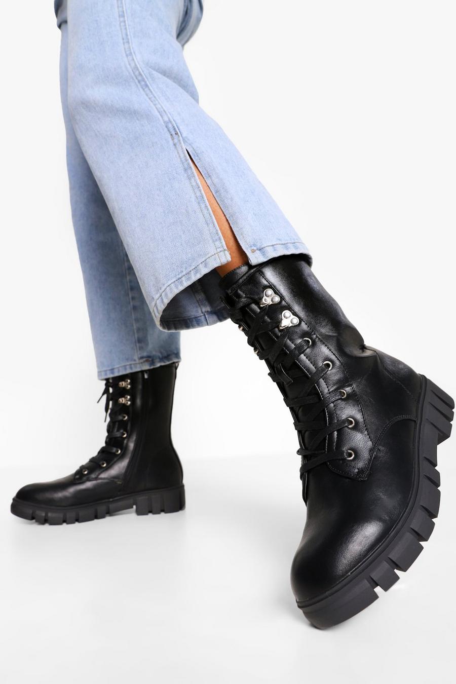 Black Cleated Chunky Combat Boots image number 1