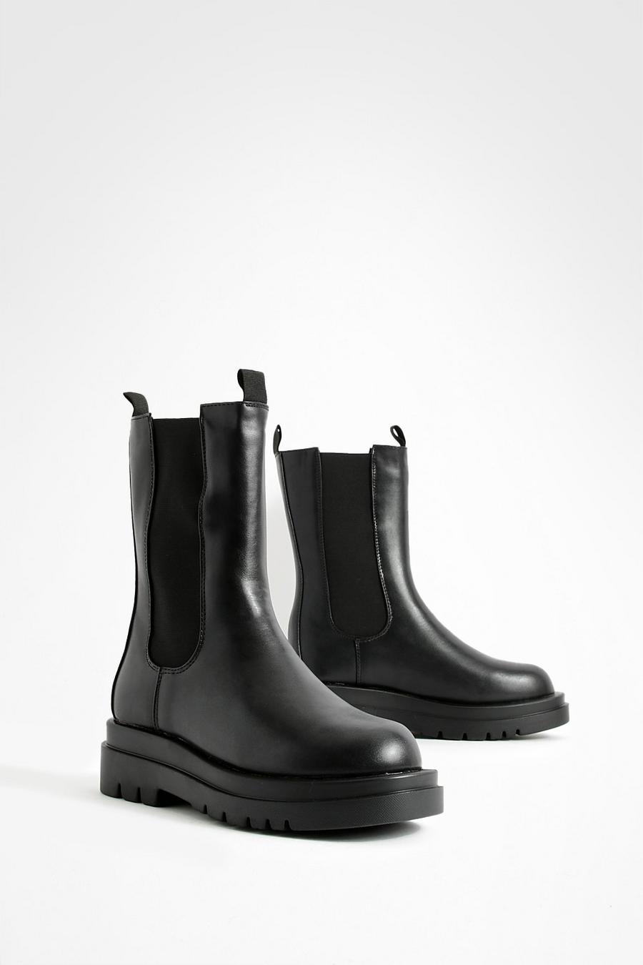 Black Chunky Cleated Calf High Chelsea Boots