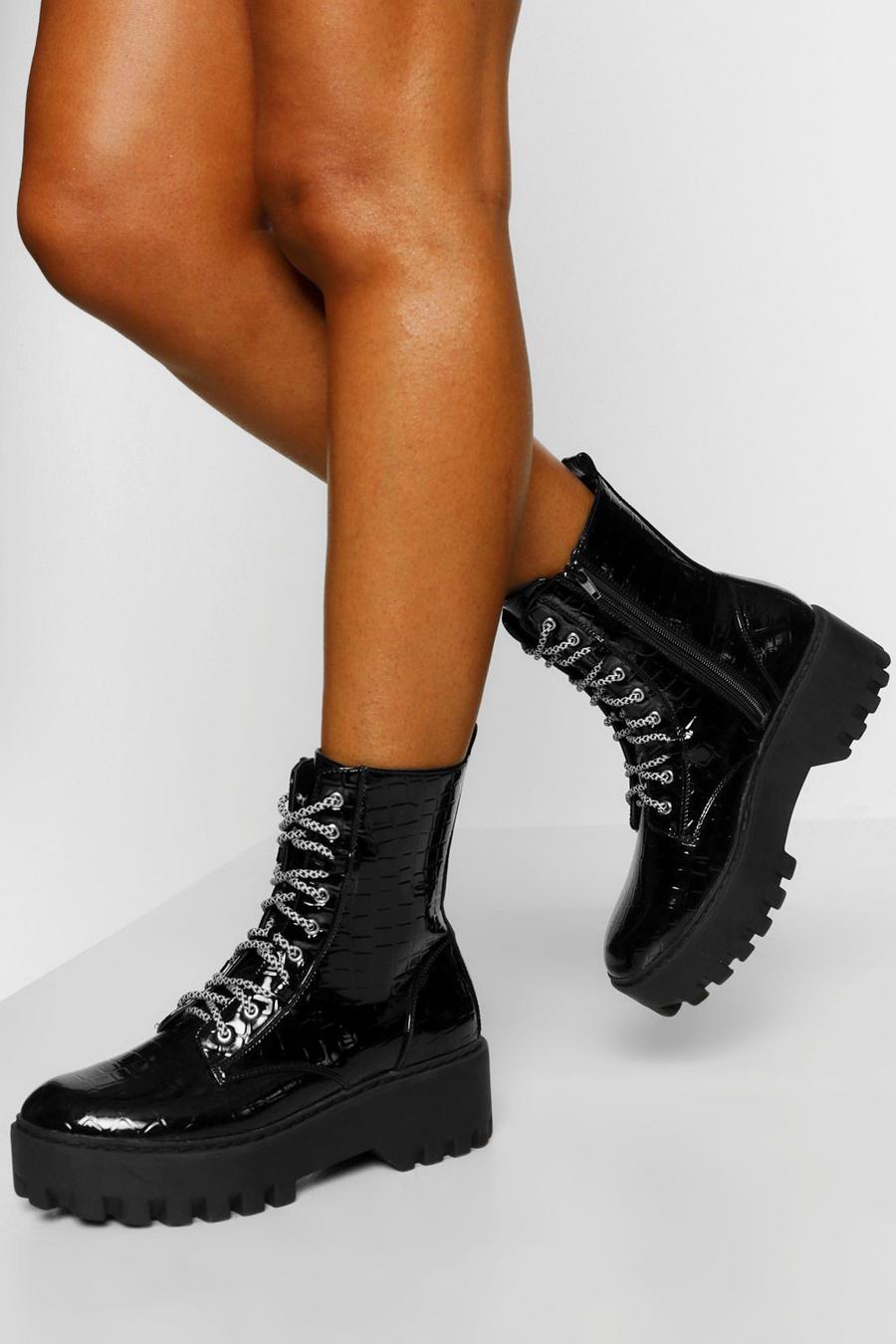 Black negro Lace Up Chunky Cleated Hiker Boot image number 1