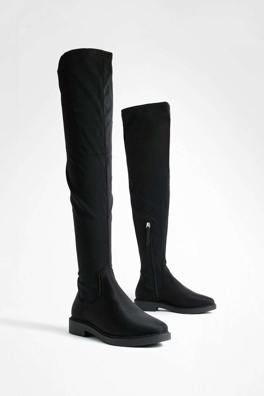 Black Wide Fit Flat Stretch Over The Knee Boots image number 1
