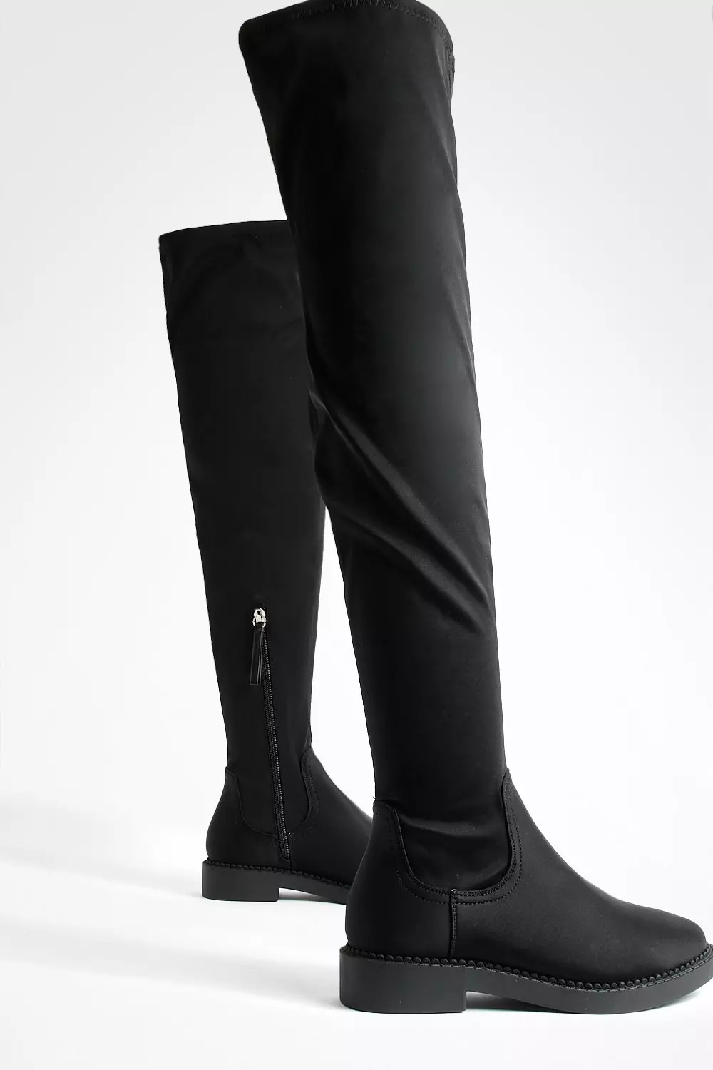 Flat Stretch Knee High Boots - Black