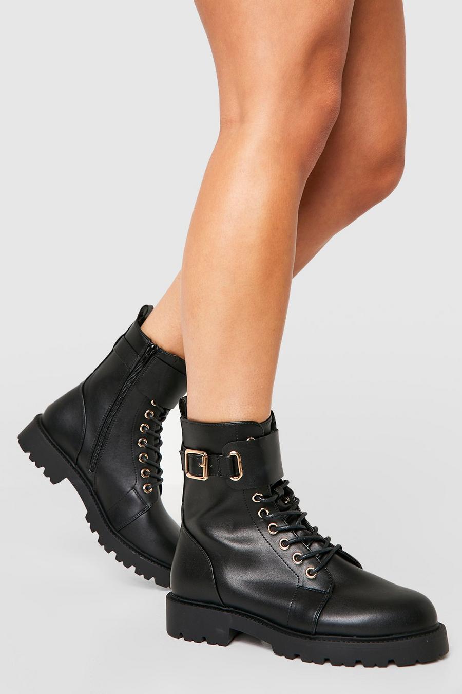 Black nero Wide Fit Buckle Detail Lace Up Hiker Boots